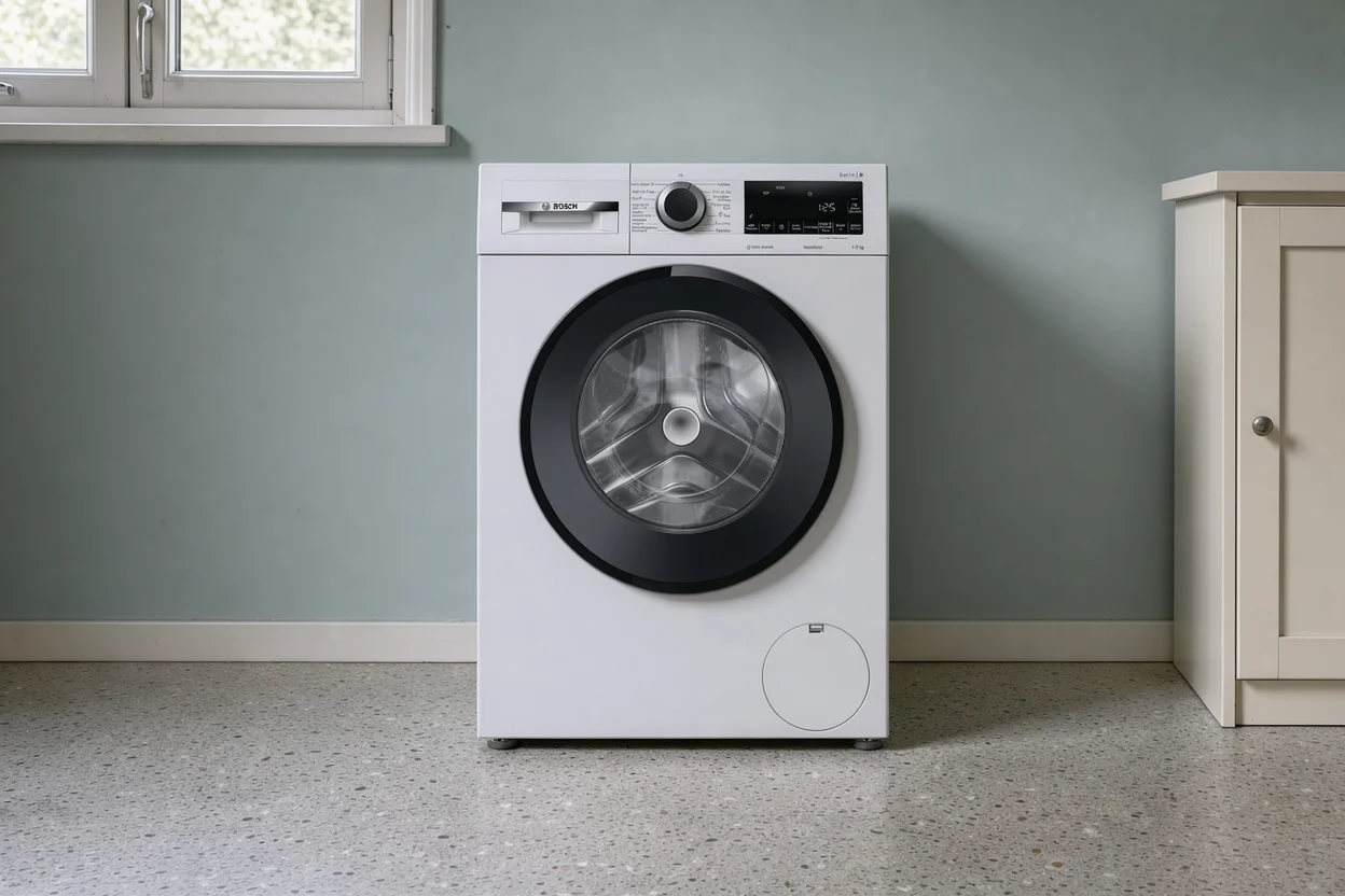 Witte wasmachine met een ronde serviceklep rechtsonder in een gewone wasruimte