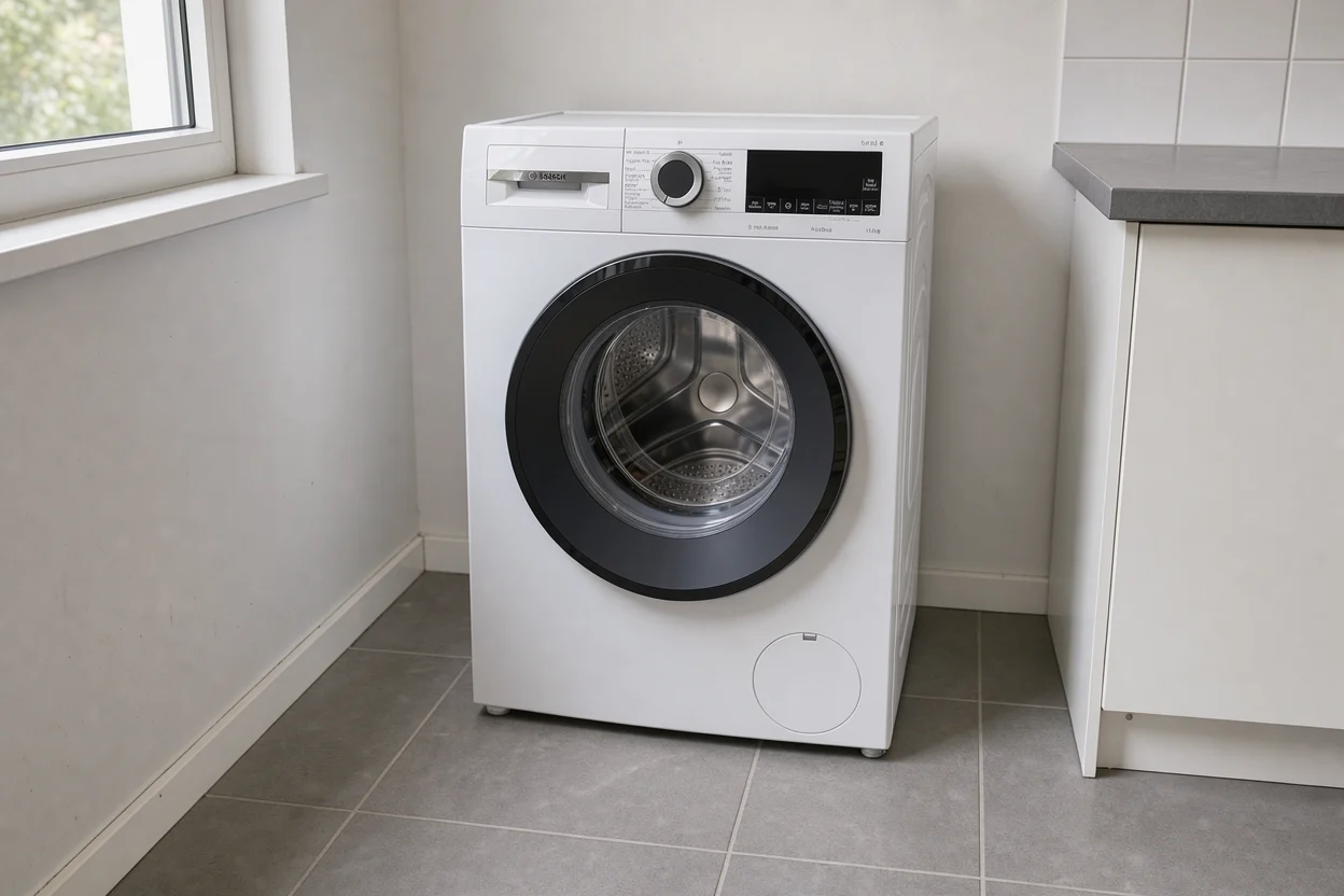 Een witte Bosch-wasmachine naast een eenvoudig werkblad in een wasruimte.