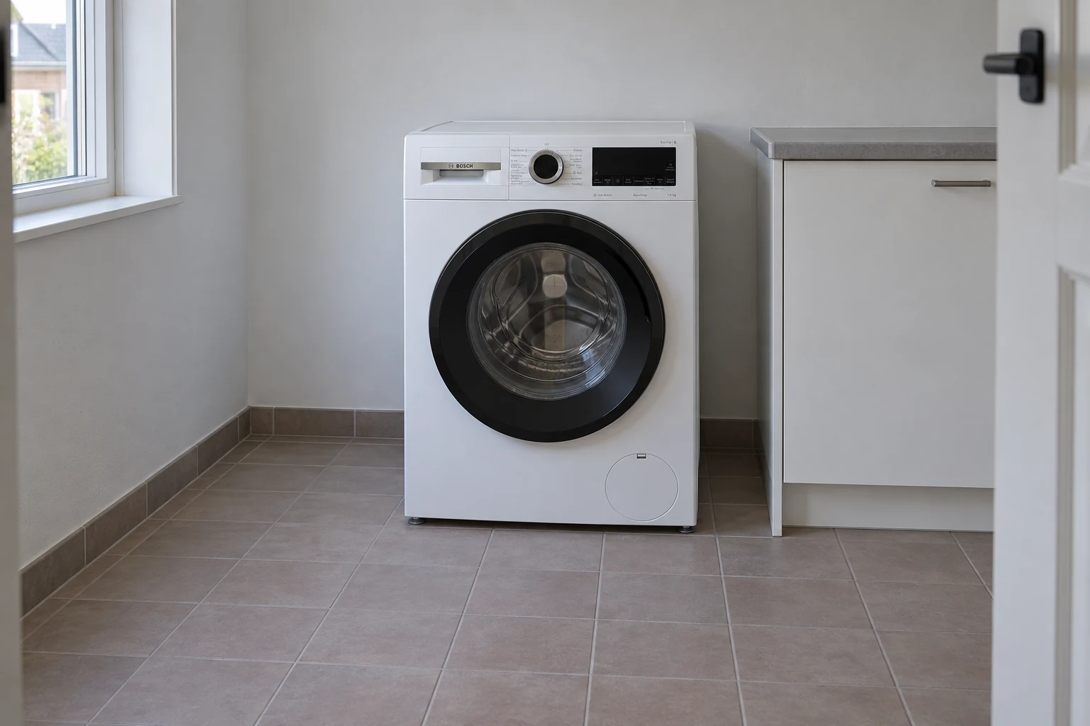 Een witte Bosch-wasmachine naast een eenvoudig werkblad in een wasruimte.