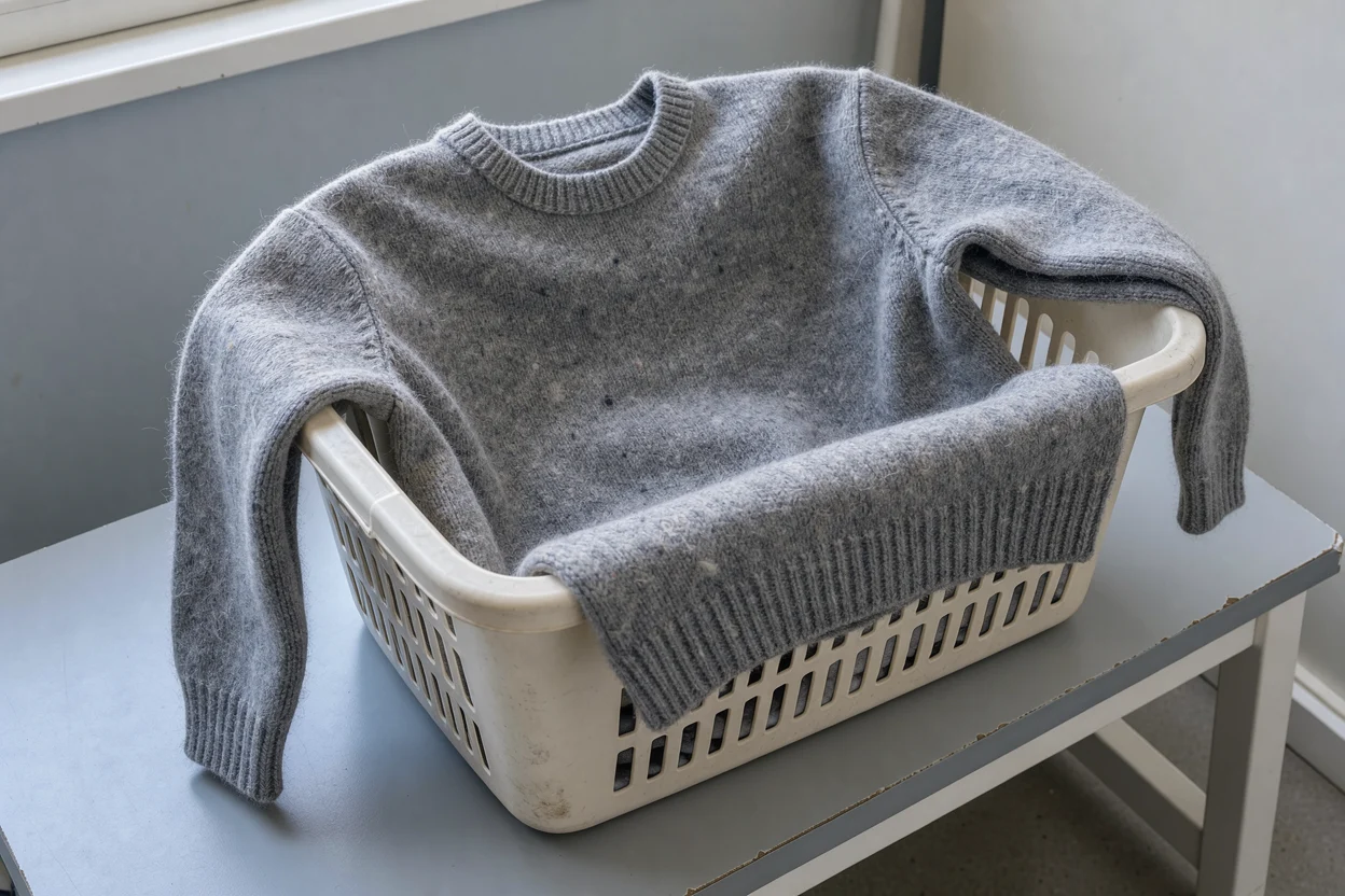 Een wollen trui ligt los over een kunststofwasmand.