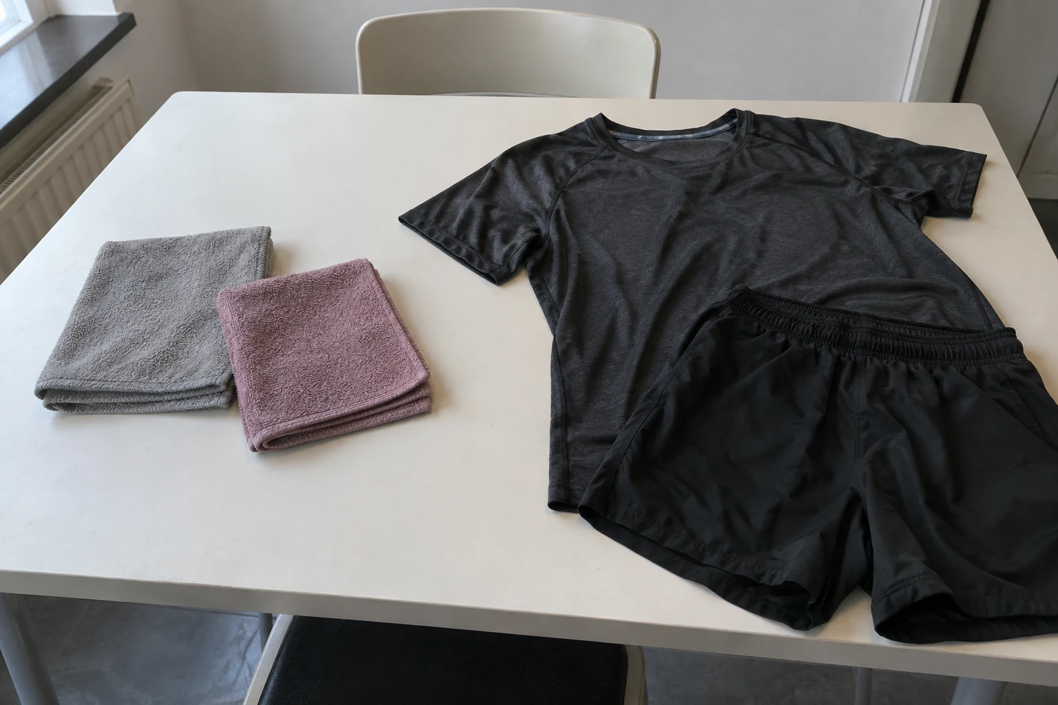 Microvezeldoeken en gewone sportkleding liggen apart op een huishoudelijke tafel.