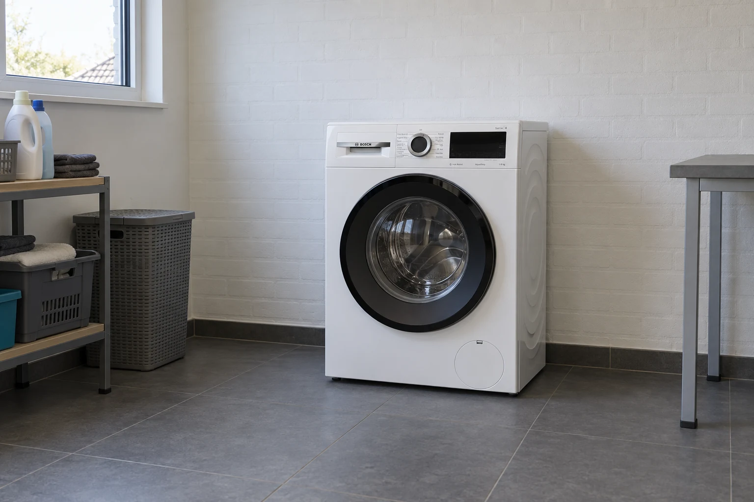 Een vrijstaande Bosch-wasmachine staat met vrije ruimte rondom op een harde vloer in een bijkeuken.