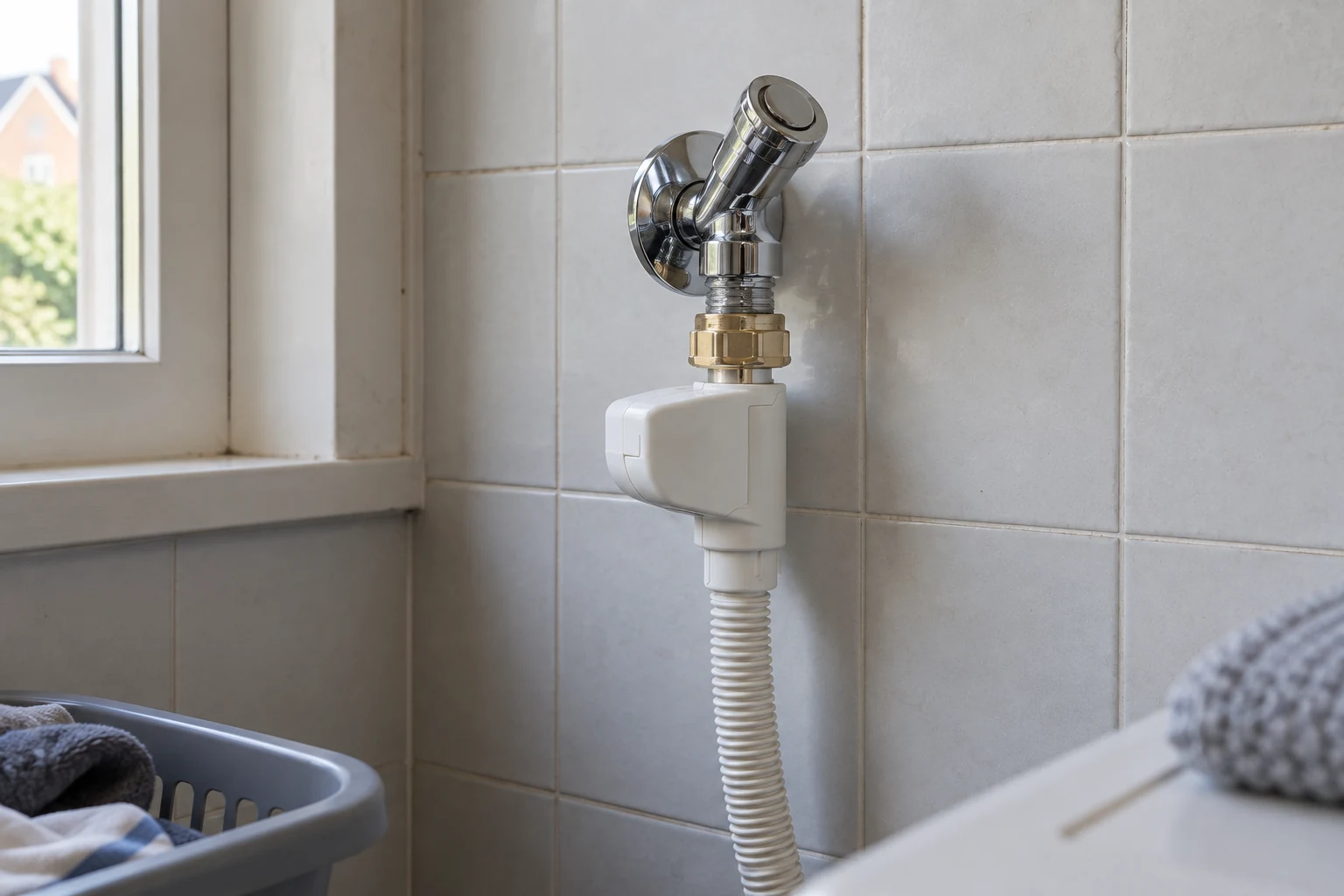 Wasmachinekraan met een aangesloten gesloten slangbehuizing