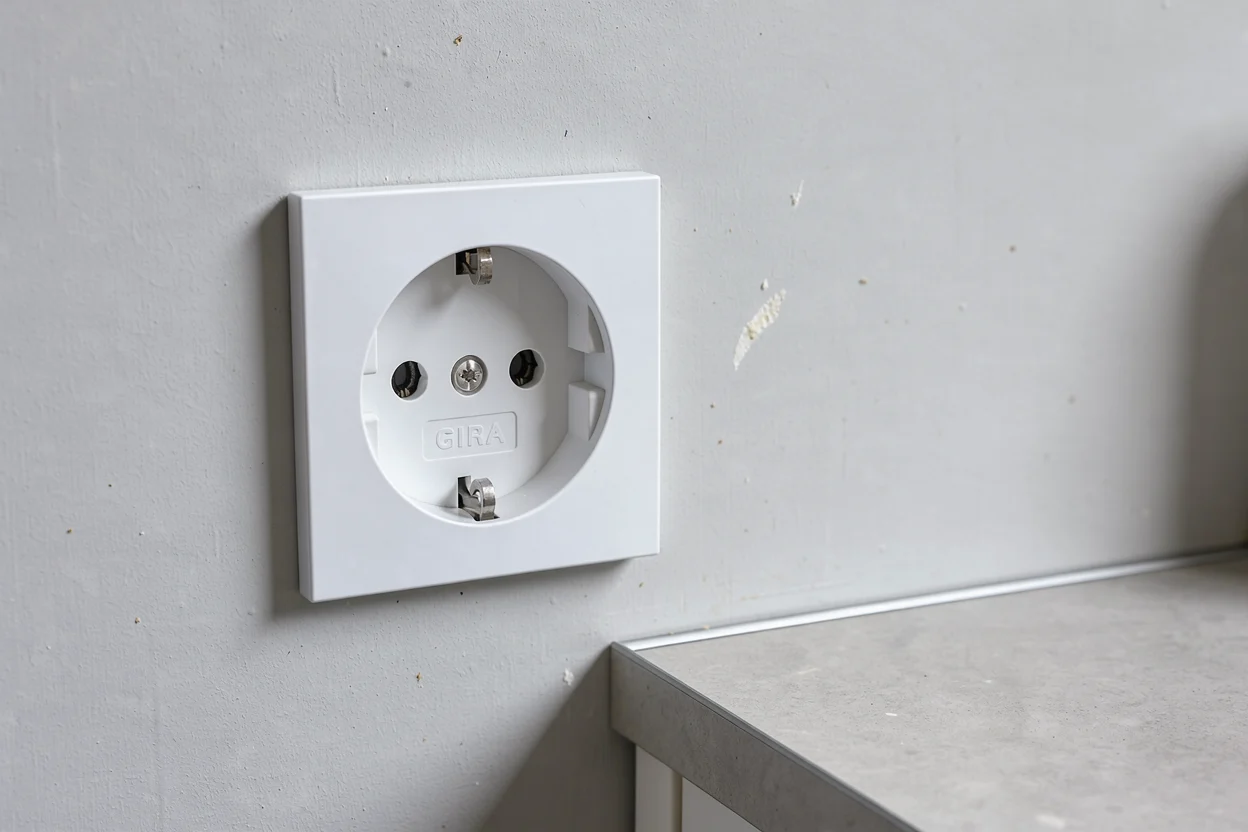 Een enkele geaarde contactdoos op een droge muur naast een vrij werkblad.