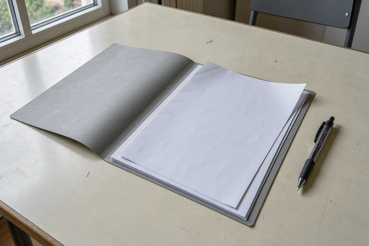 Een documentmap met enkele papieren en een pen op een gewone tafel.