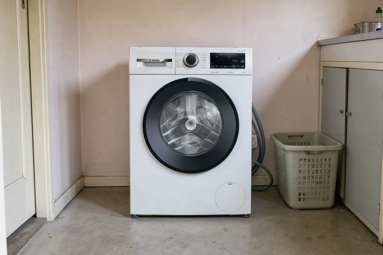 Een witte wasmachine staat met vrije ruimte rondom in een droge bijkeuken.