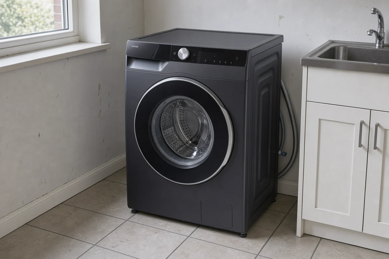 Een donkere wasmachine met gesloten deur in een gewone wasruimte met vrije vloer.