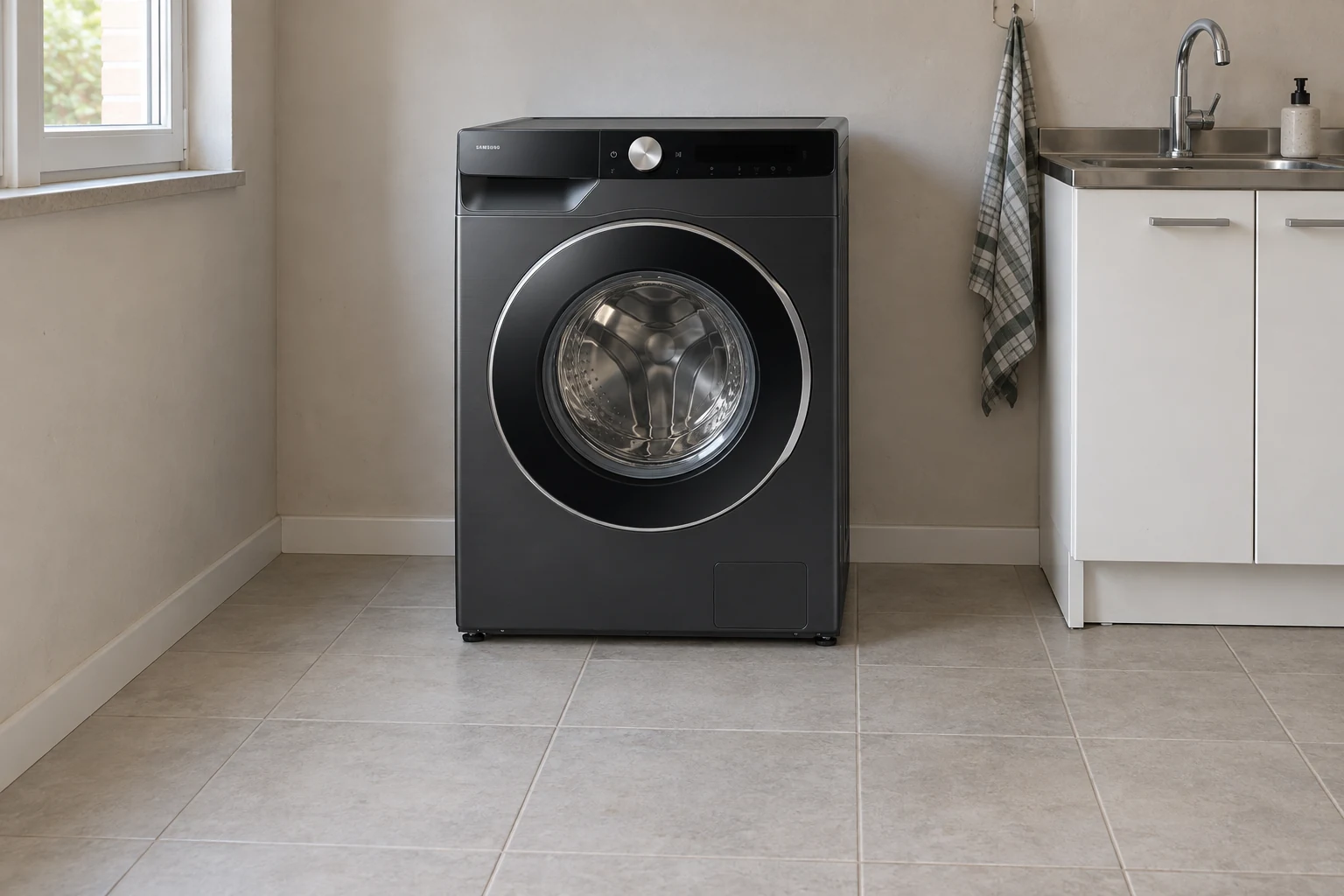 Een donkere wasmachine met gesloten deur in een gewone wasruimte met vrije vloer.