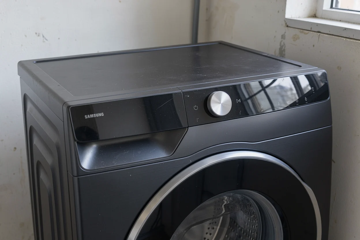 Schuin detail van de zilveren draaiknop en het donkere bedieningspaneel van een wasmachine.