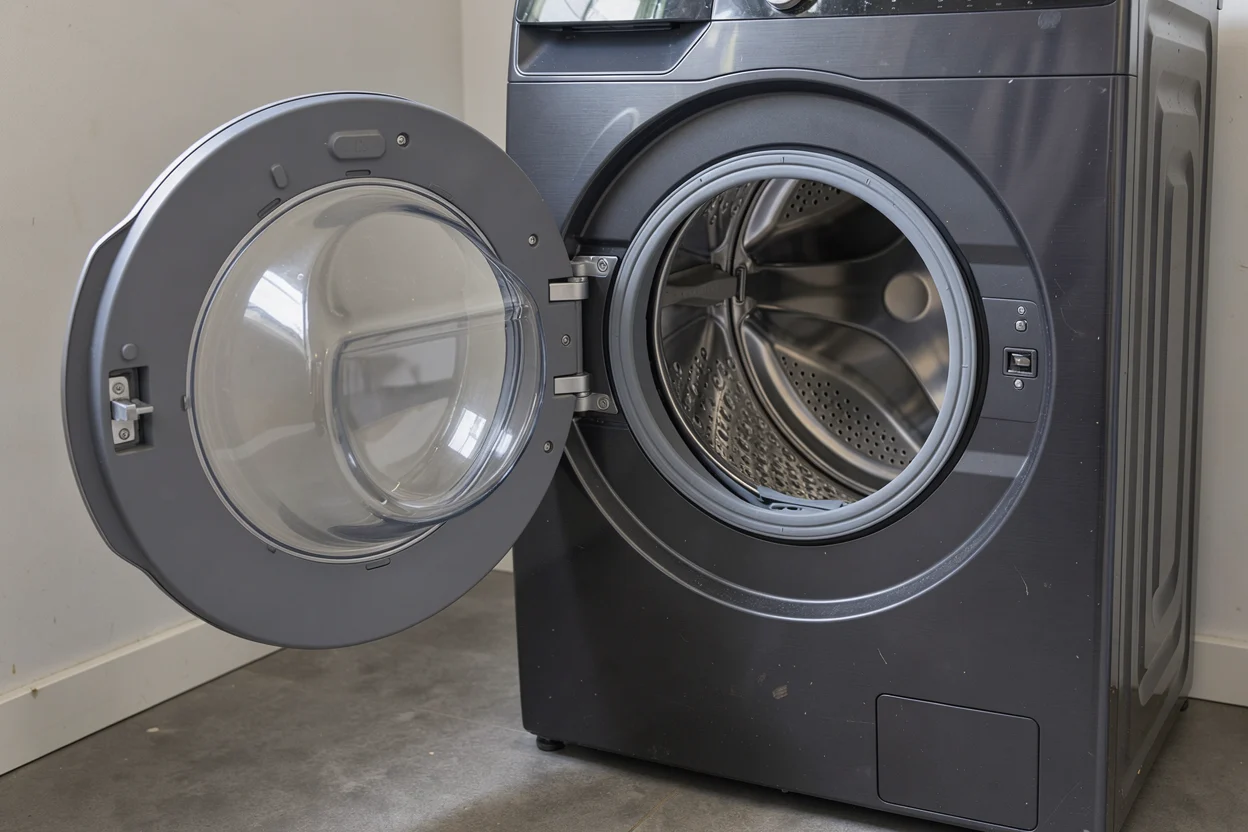 Een geopende donkere wasmachine met een volledig lege trommel en grijze rubberen manchet.