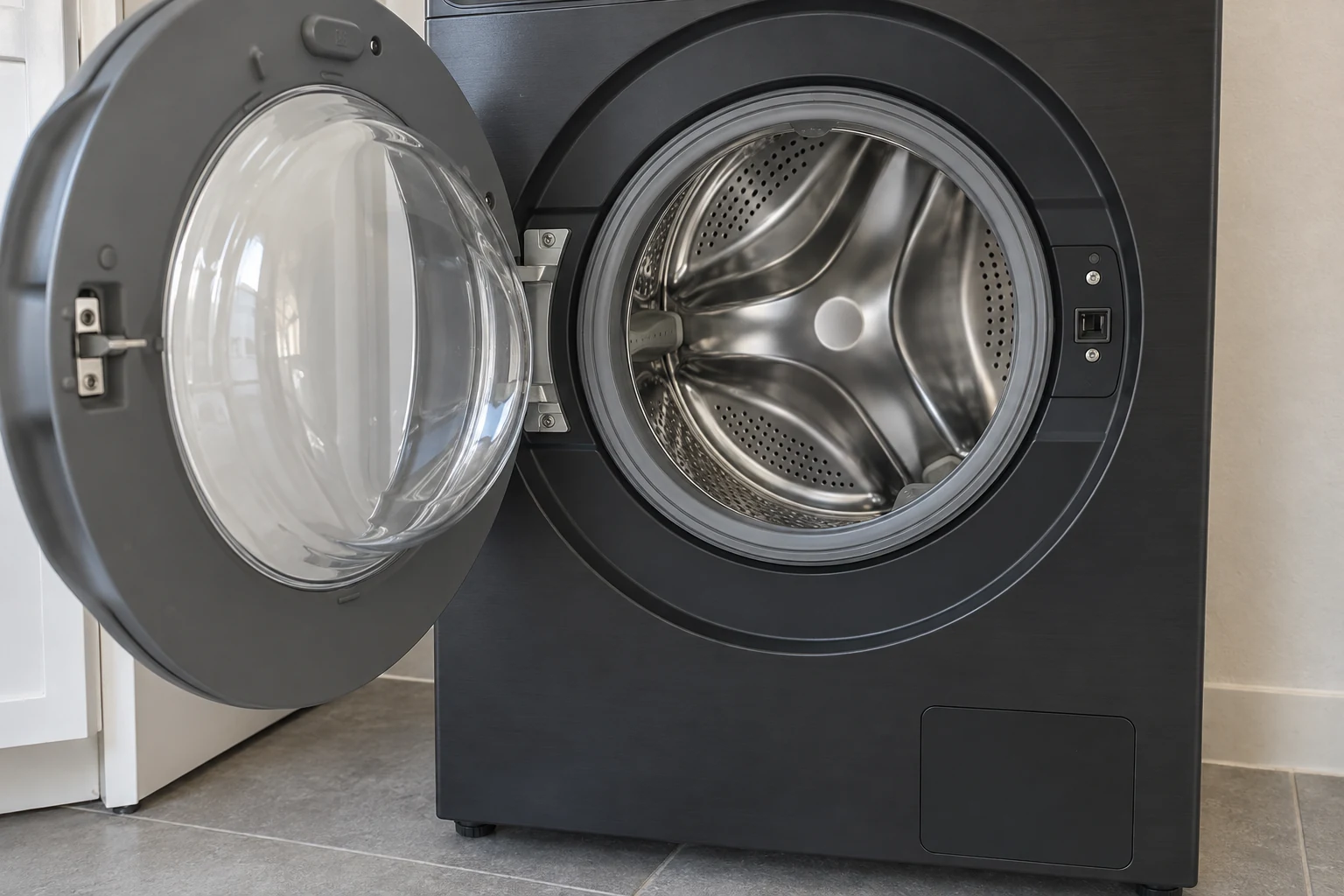 Een geopende donkere wasmachine met een volledig lege trommel en grijze rubberen manchet.