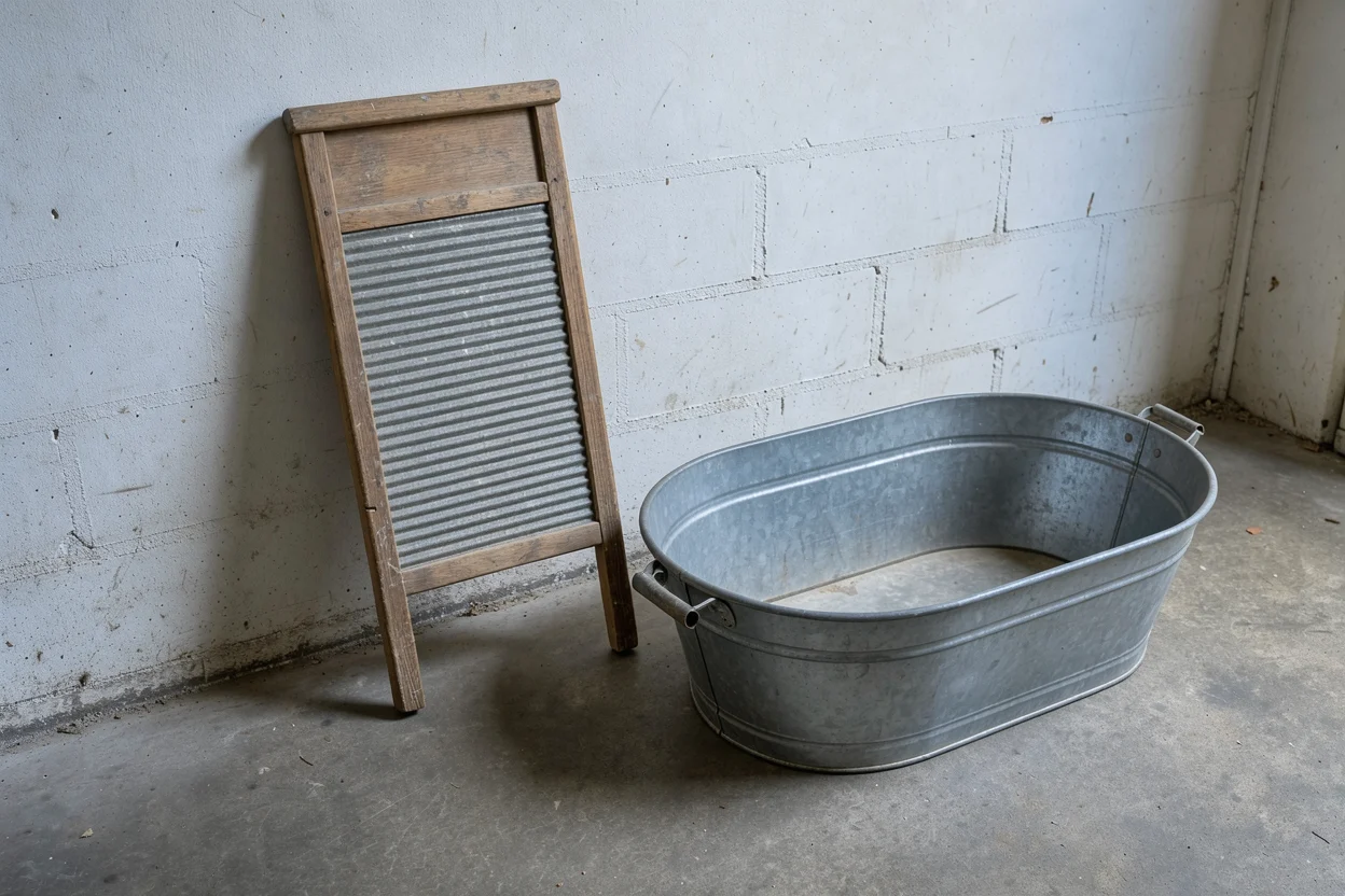 Een houten wasbord met geribbeld metalen midden staat naast een lege zinken tobbe.