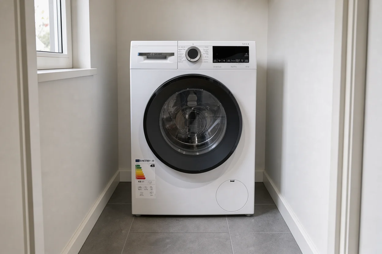 Een moderne Bosch-wasmachine staat aan het einde van een smalle wasruimte.