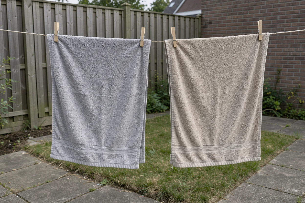 Twee katoenen handdoeken hangen met houten wasknijpers aan een waslijn in een achtertuin.