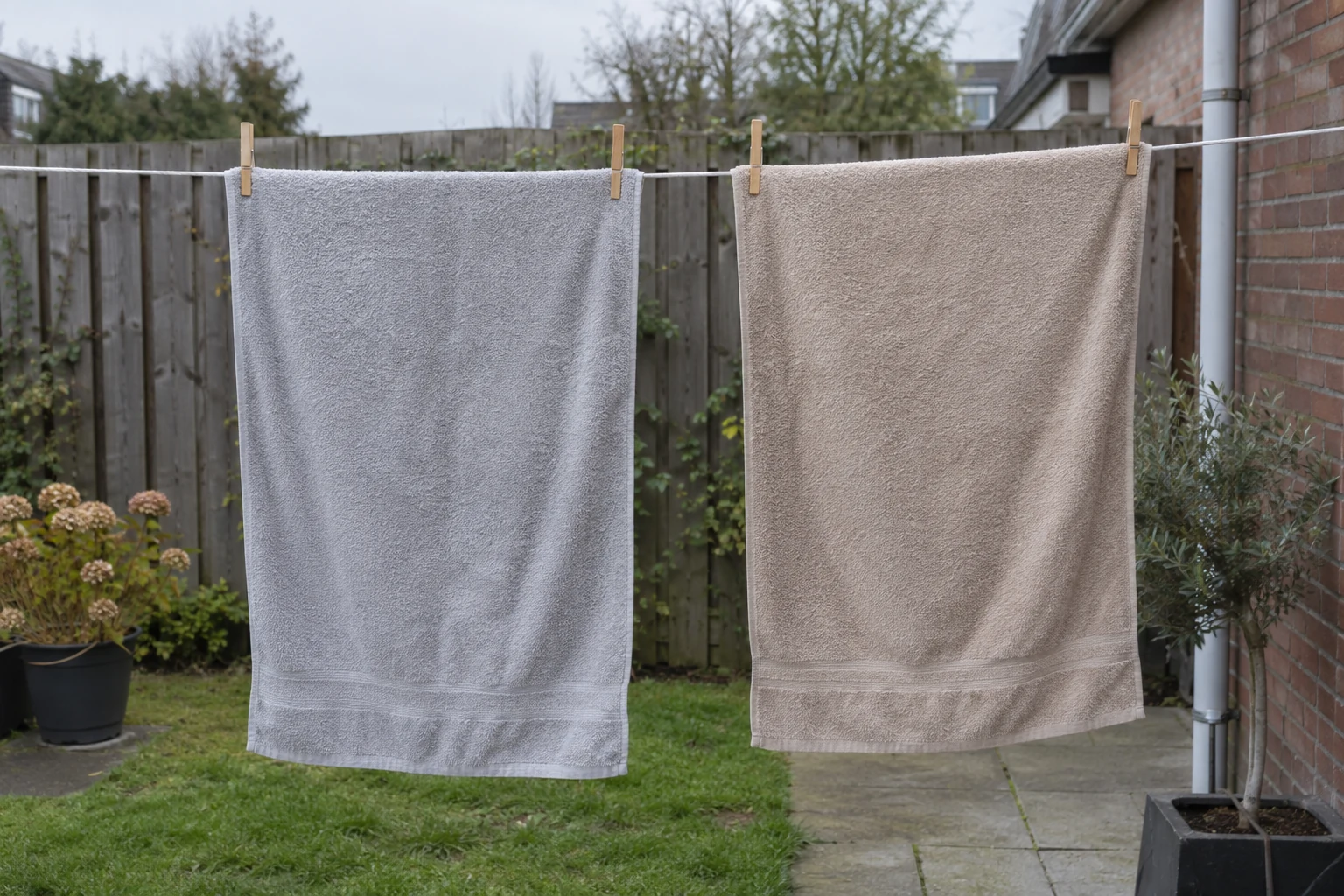 Twee katoenen handdoeken hangen met houten wasknijpers aan een waslijn in een achtertuin.