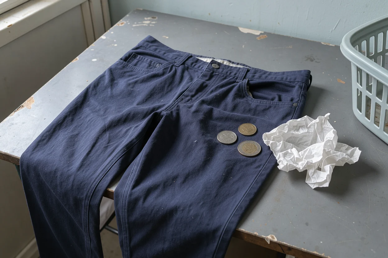 Een broek met open zak ligt naast enkele muntjes en een papieren zakdoekje.