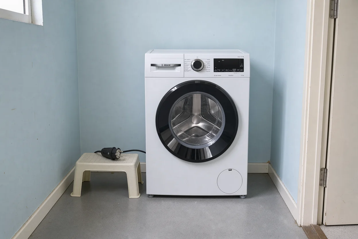 Een witte wasmachine in een eenvoudige wasruimte met een losse stekker op een bankje ernaast.