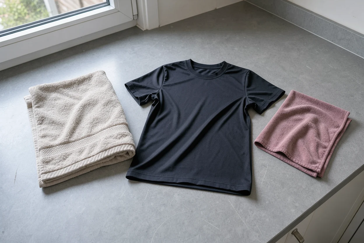 Een katoenen handdoek, sportshirt en microvezeldoek liggen naast elkaar op een gebruikt werkblad.