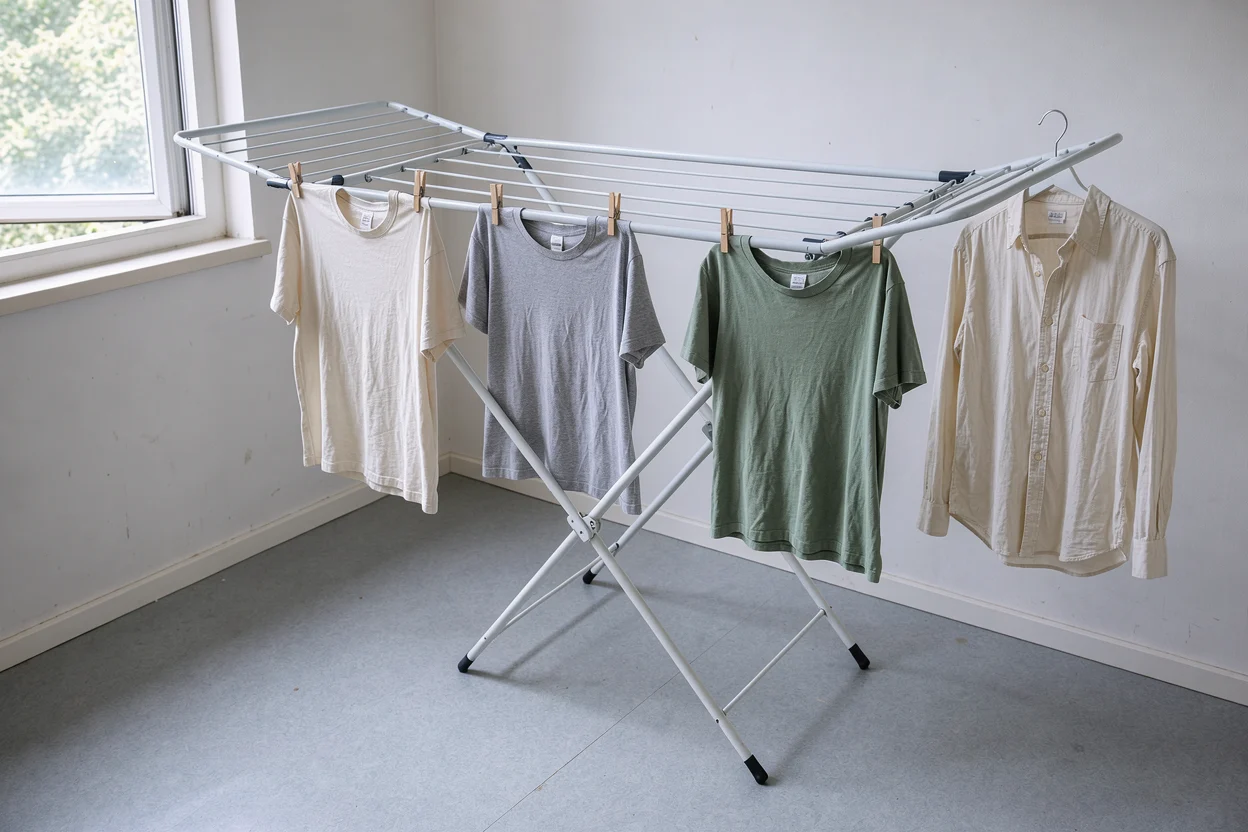 Katoenen shirts drogen met ruimte ertussen aan een droogrek bij een open raam.