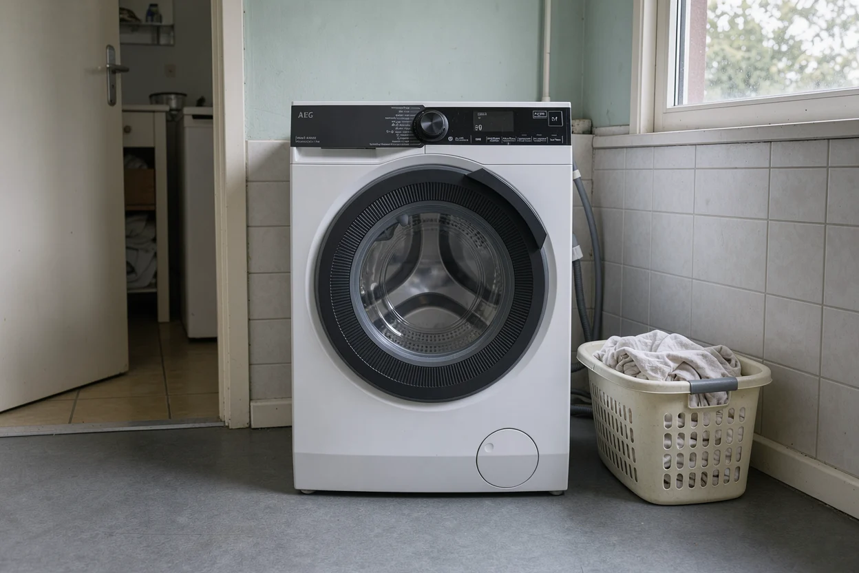 Een witte wasmachine in een gewone washoek met een vrije harde vloer ervoor.