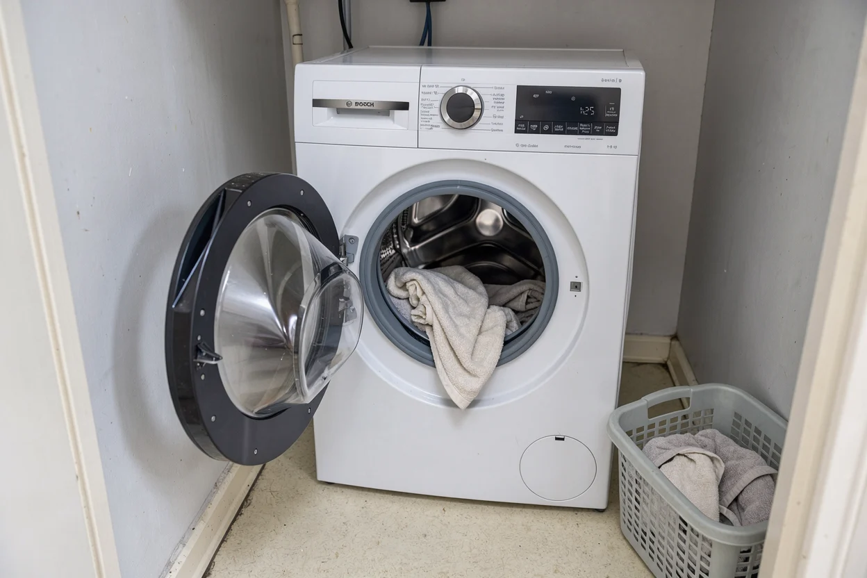 Een open wasmachinedeur met enkele losse handdoeken in de trommel en een mand ernaast.