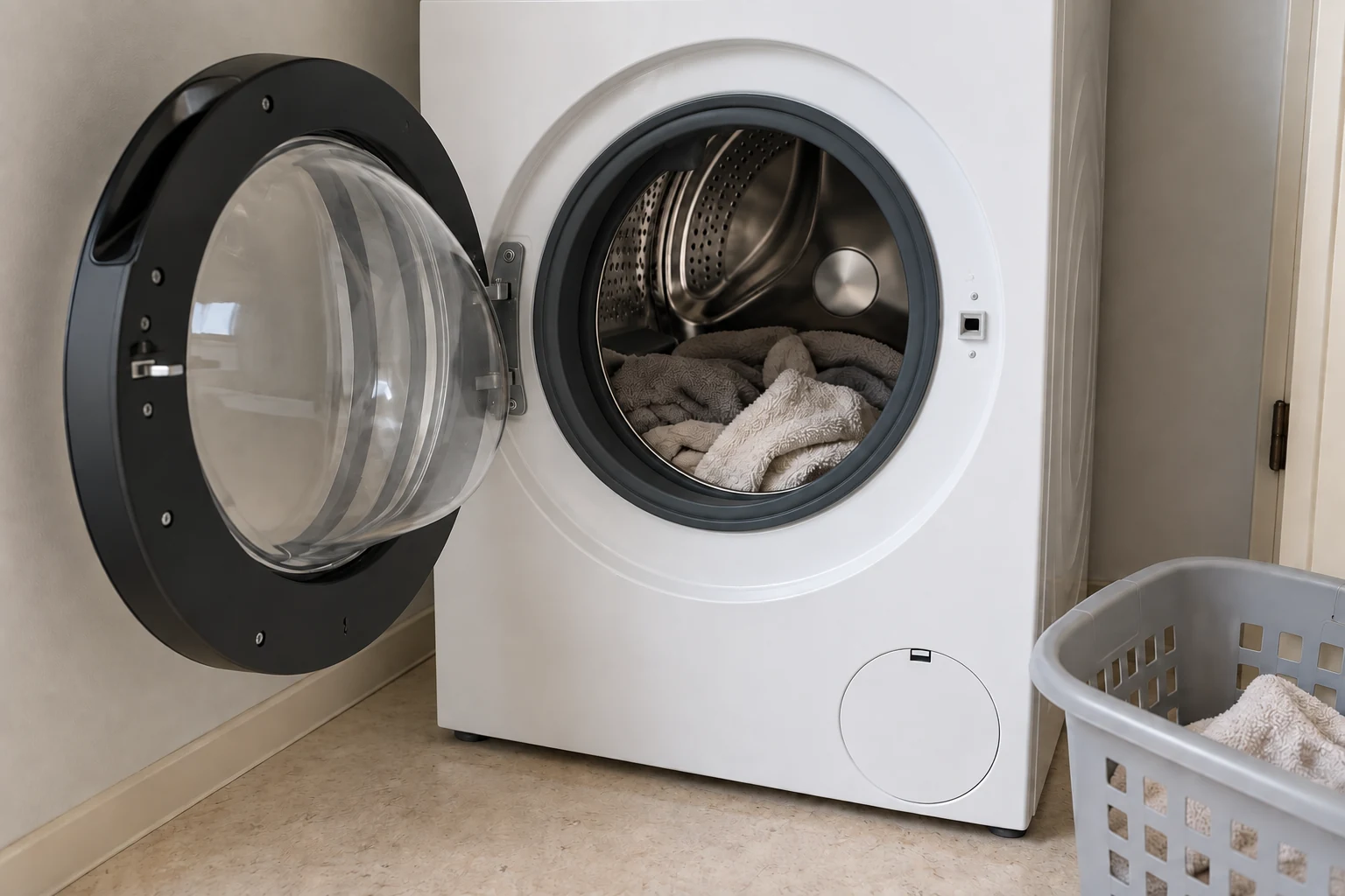 Een open wasmachinedeur met enkele losse handdoeken in de trommel en een mand ernaast.