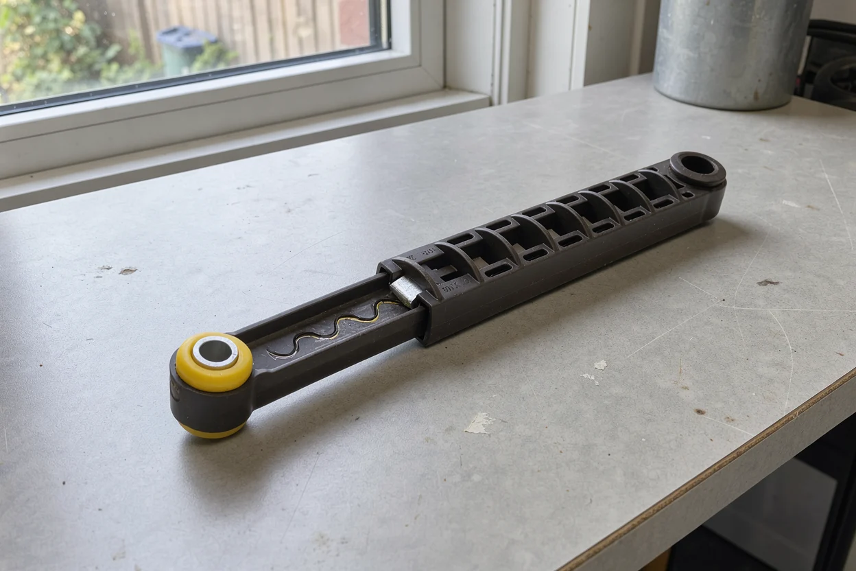Een losse wasmachineschokdemper ligt op een eenvoudig gebruikt werkblad.