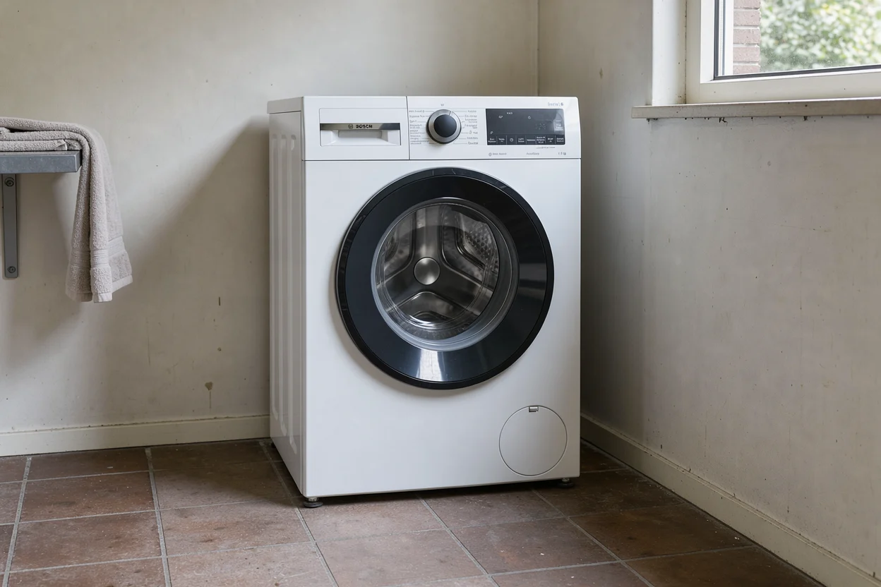 Een witte wasmachine staat op een harde tegelvloer met ruimte rondom.