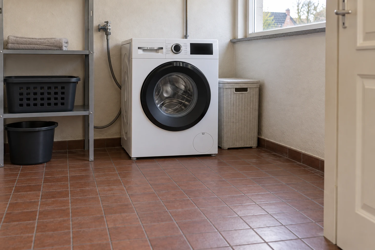 Een witte wasmachine staat op een harde tegelvloer met ruimte rondom.