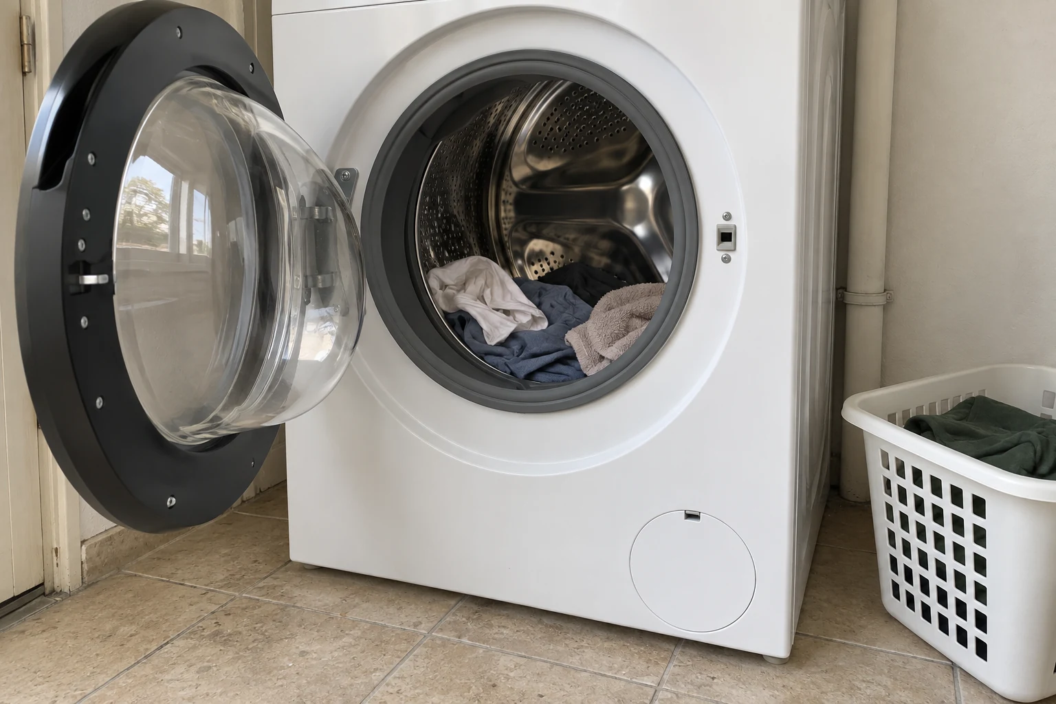 Open wasmachinedeur met enkele katoenen kledingstukken in de trommel