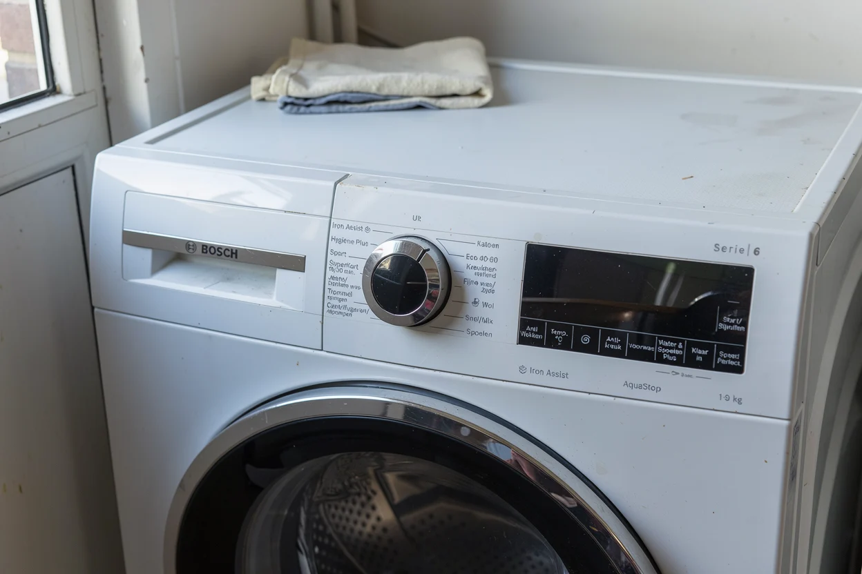 Schuine blik op de draaiknop en het donkere display van een wasmachine