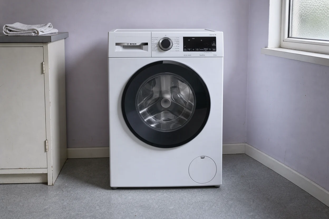 Gesloten witte wasmachine in een lichte wasruimte met vrije vloer
