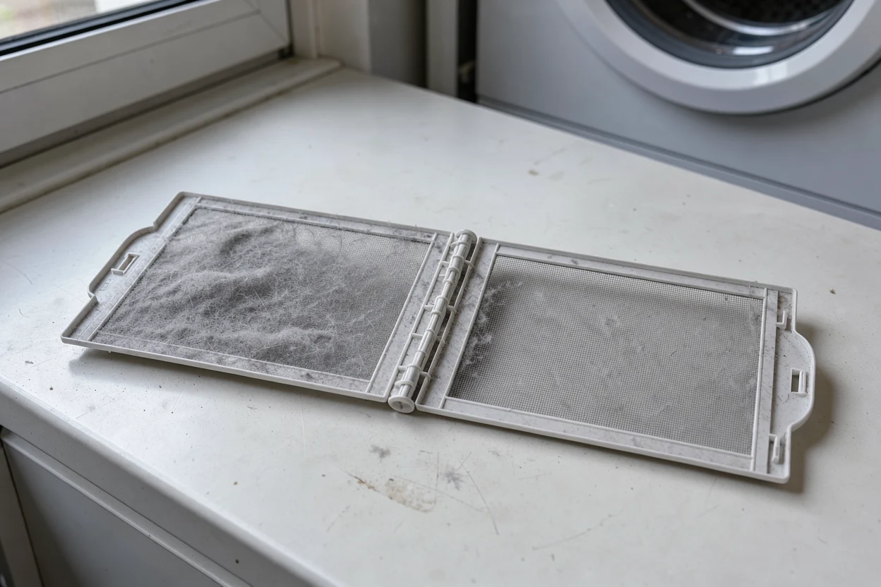Open pluizenfilter met een laagje textielpluis op het gaas
