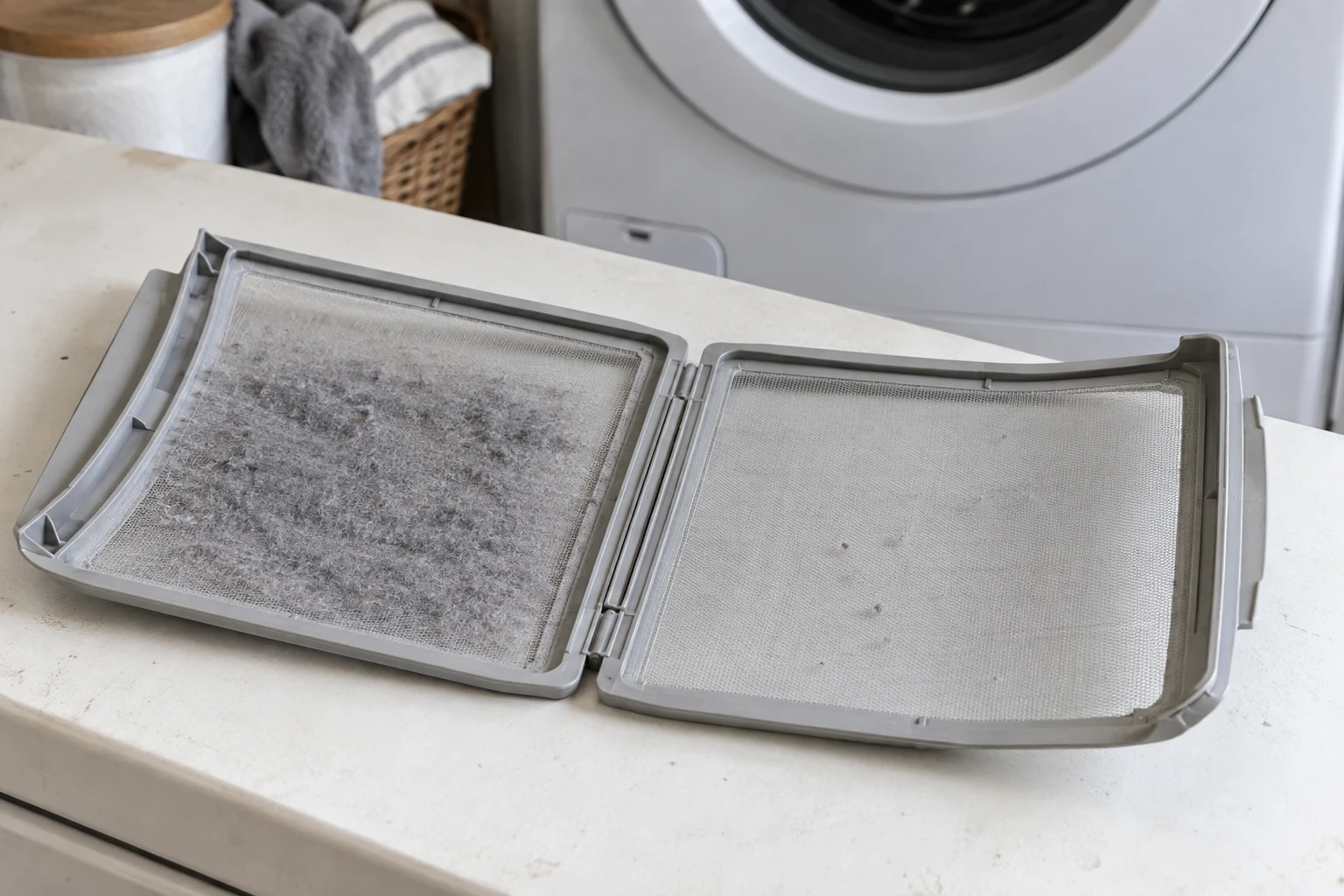 Open pluizenfilter met een laagje textielpluis op het gaas