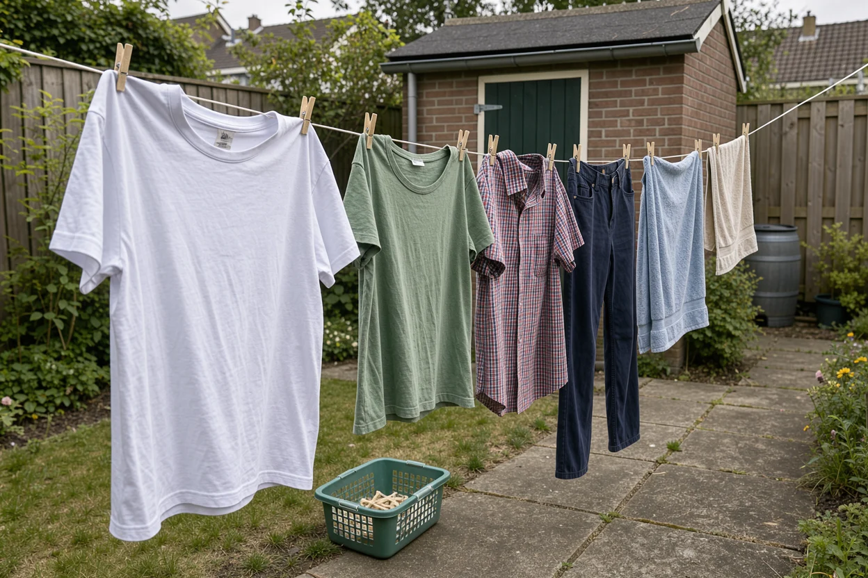 Kleding en handdoeken hangen aan een waslijn in een achtertuin