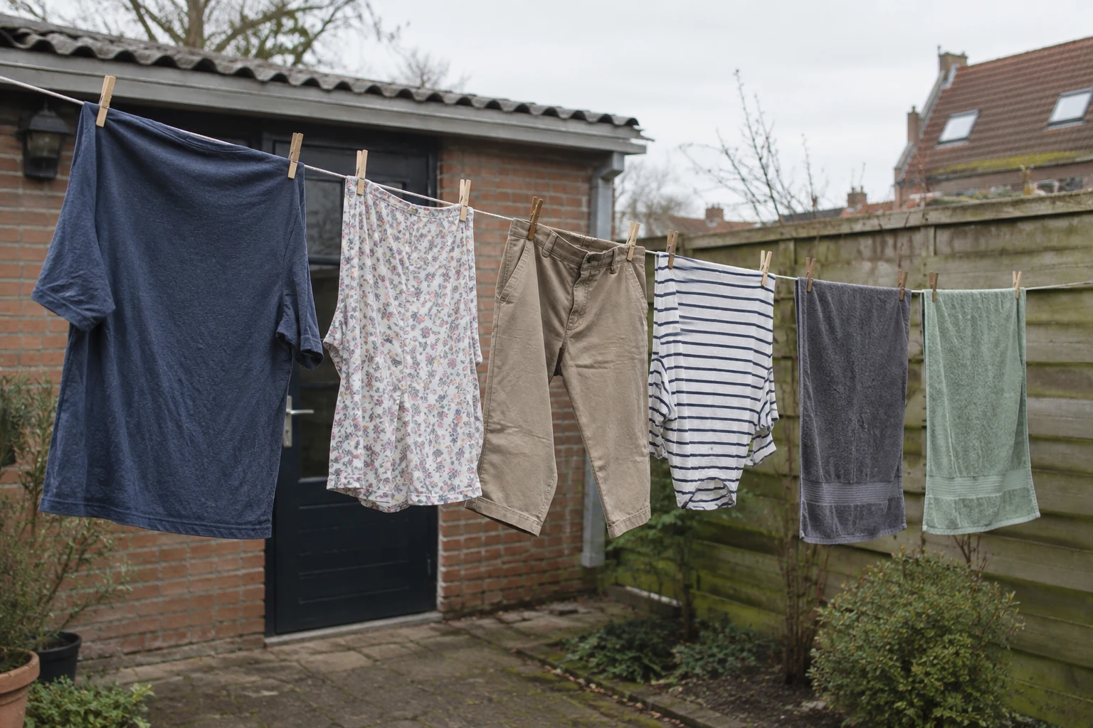 Kleding en handdoeken hangen aan een waslijn in een achtertuin