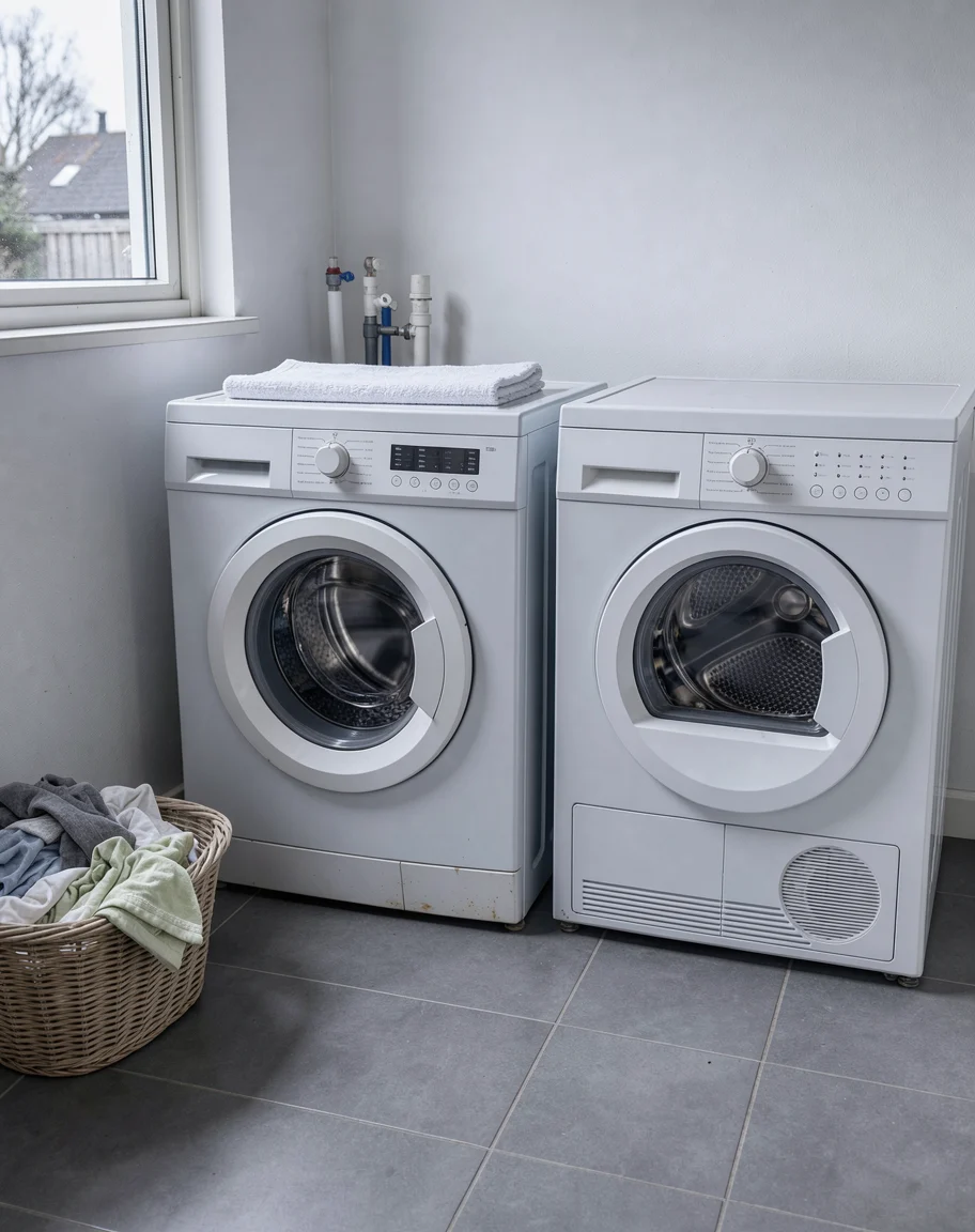 Wasmachine en losse droger naast elkaar in een bijkeuken