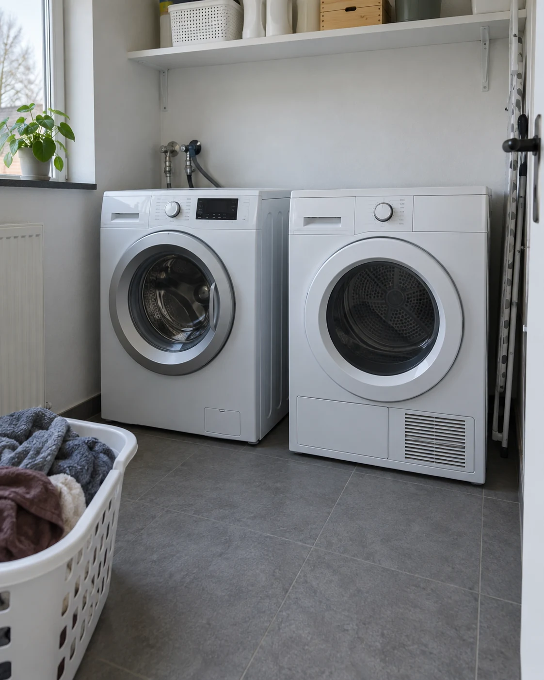 Wasmachine en losse droger naast elkaar in een bijkeuken