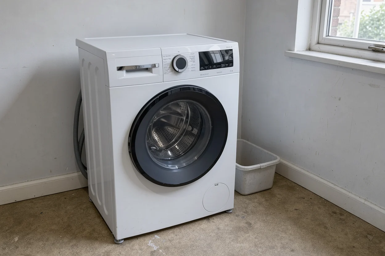 Een Bosch voorlader in een gewone washoek met raamlicht en een wasmand ernaast