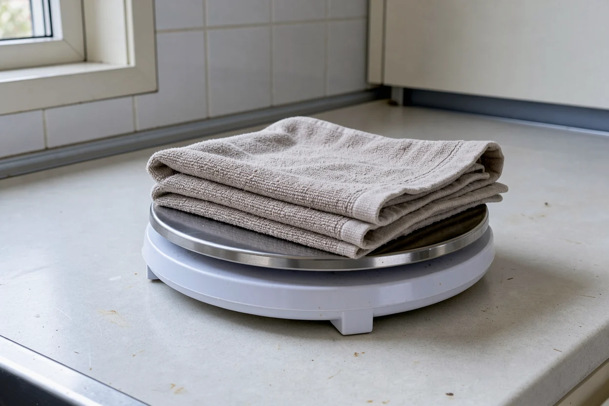 Een gevouwen katoenen handdoek op het plateau van een keukenweegschaal