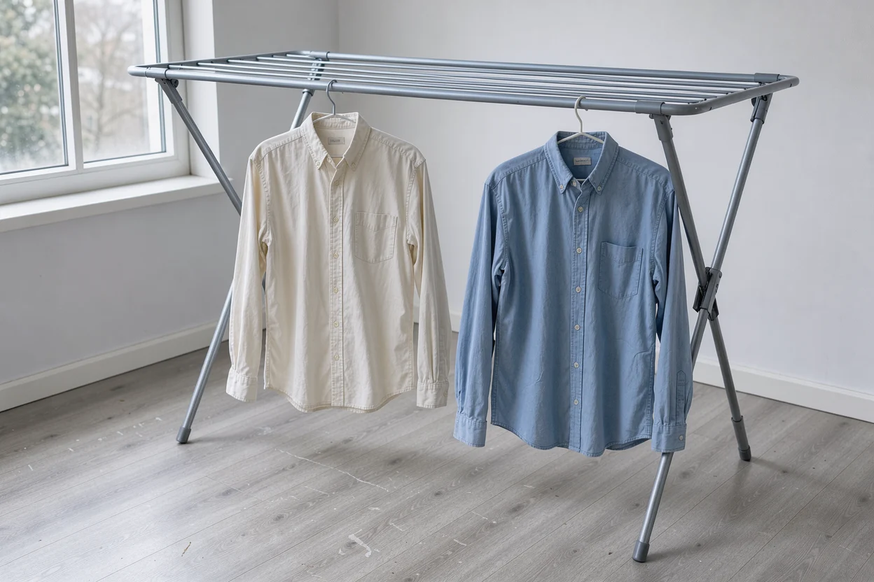 Twee licht gekreukte katoenen overhemden op hangers aan een eenvoudig droogrek