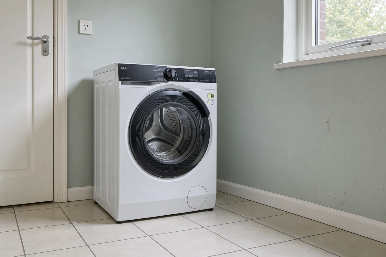 Een vrijstaande AEG wasmachine op een vlakke tegelvloer in een gewone bijkeuken