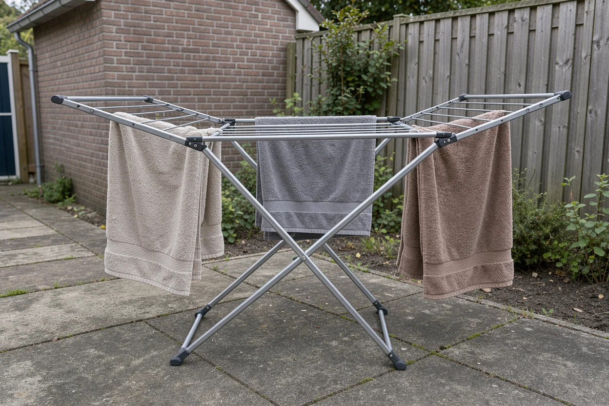 Drie badhanddoeken op een uitklapbaar droogrek in een beschutte achtertuin