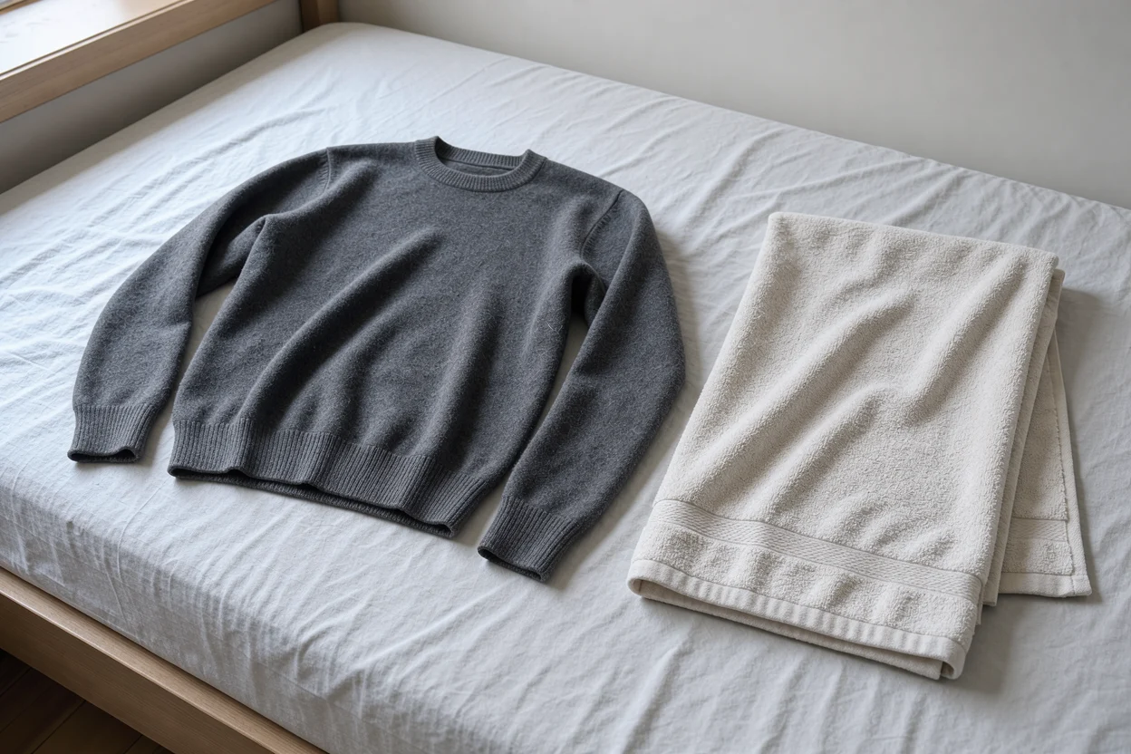 Een wollen trui en een katoenen badhanddoek liggen apart op een bed
