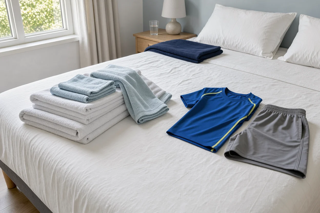 Handdoeken en sportkleding in aparte groepen op een bed.