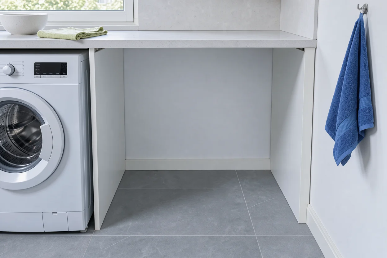 Lege nis onder een werkblad naast een wasmachine.