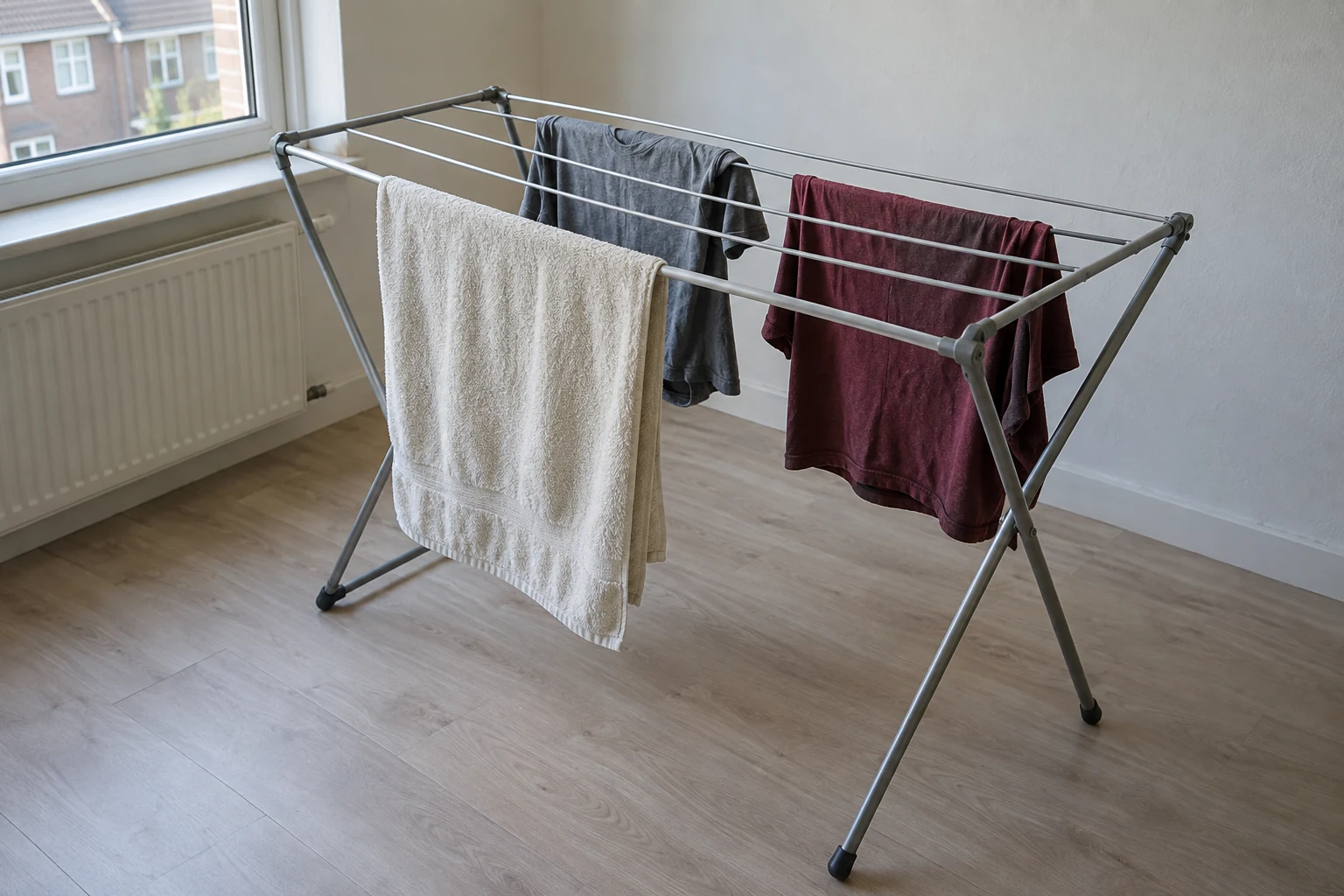Een katoenen handdoek en enkele kledingstukken hangen met ruimte ertussen op een droogrek.