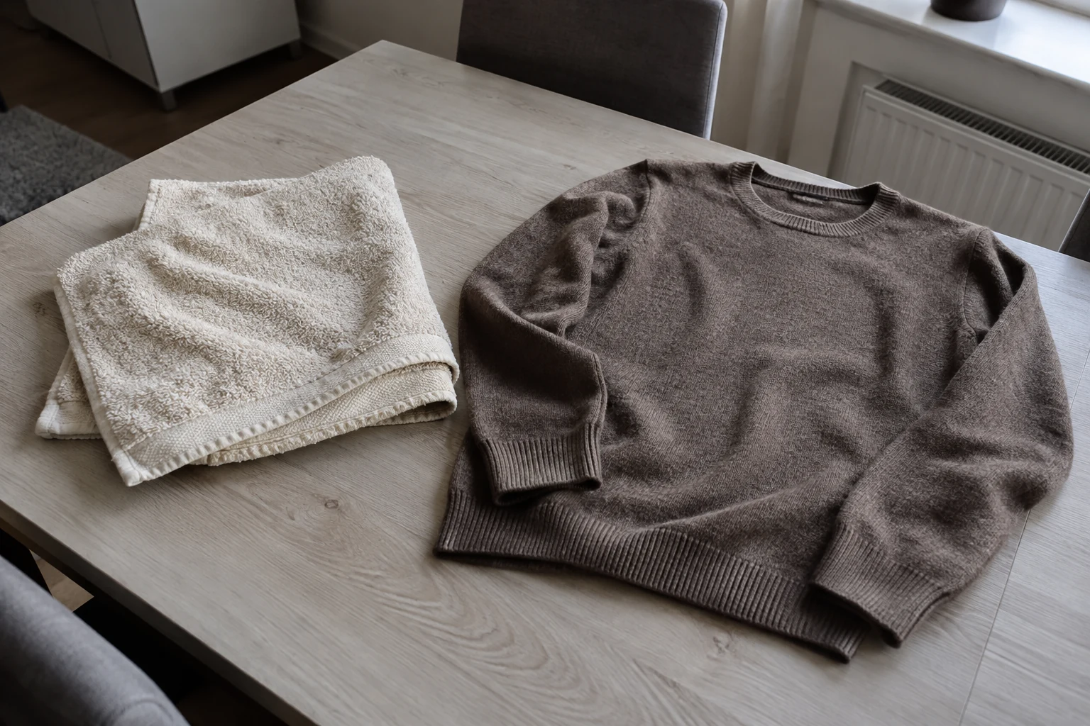 Een katoenen handdoek en een fijne wollen trui liggen afzonderlijk op een huishoudtafel.