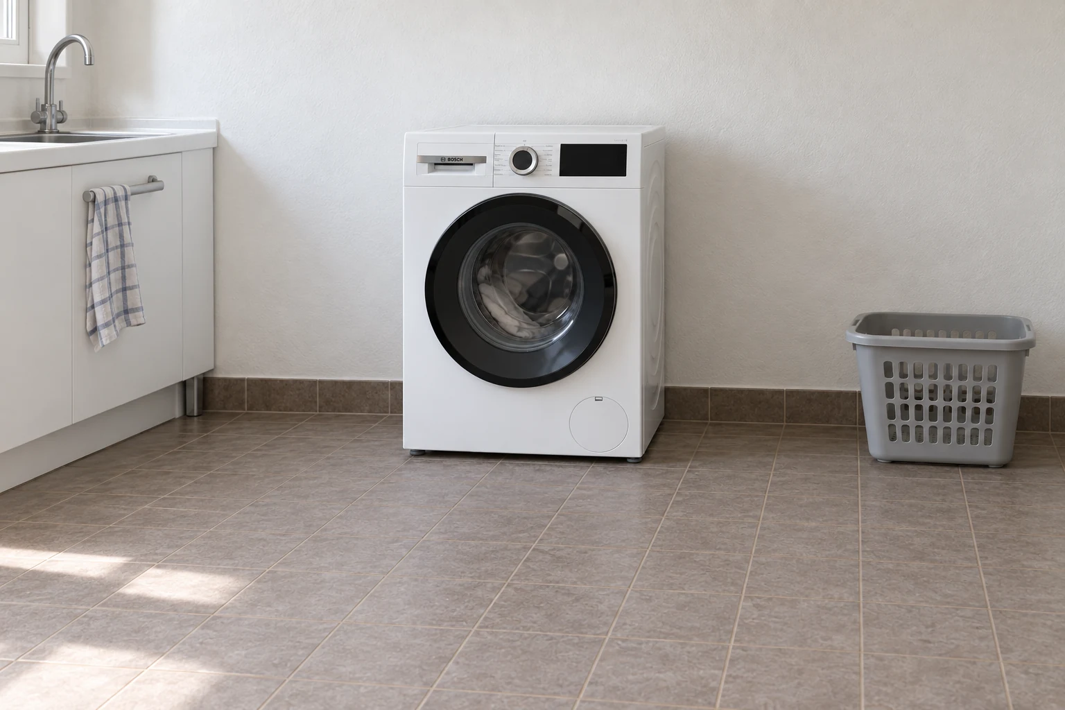 Een witte wasmachine met gesloten deur en was achter het glas in een gewone wasruimte.