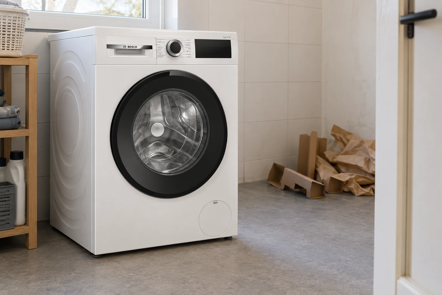 Uitgepakte witte wasmachine met kartonnen hoekbeschermers aan de zijkant van de wasruimte.